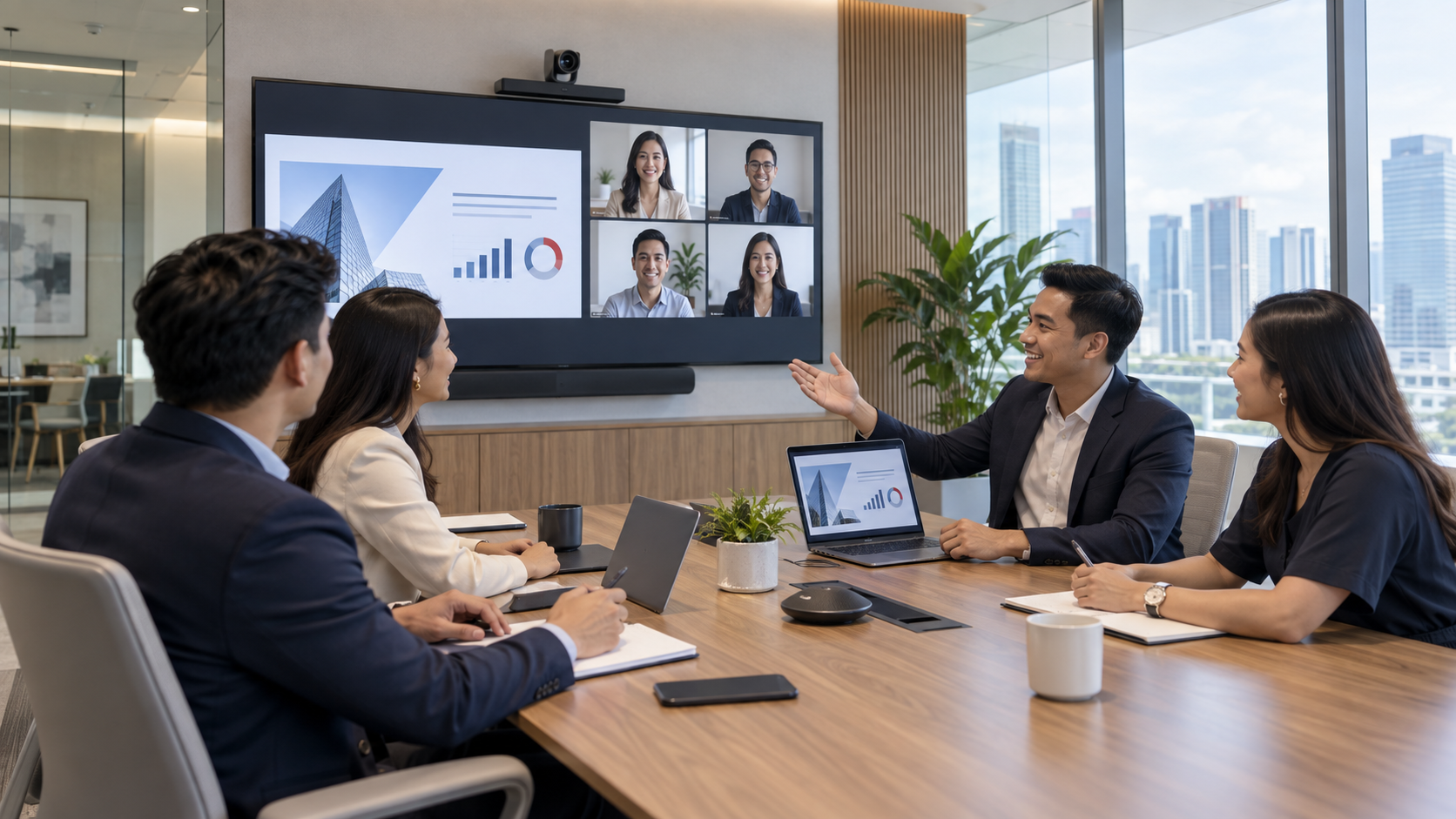 Team collaborating in a connected meeting room with wireless presentation, video conferencing, integrated audio, and room control.