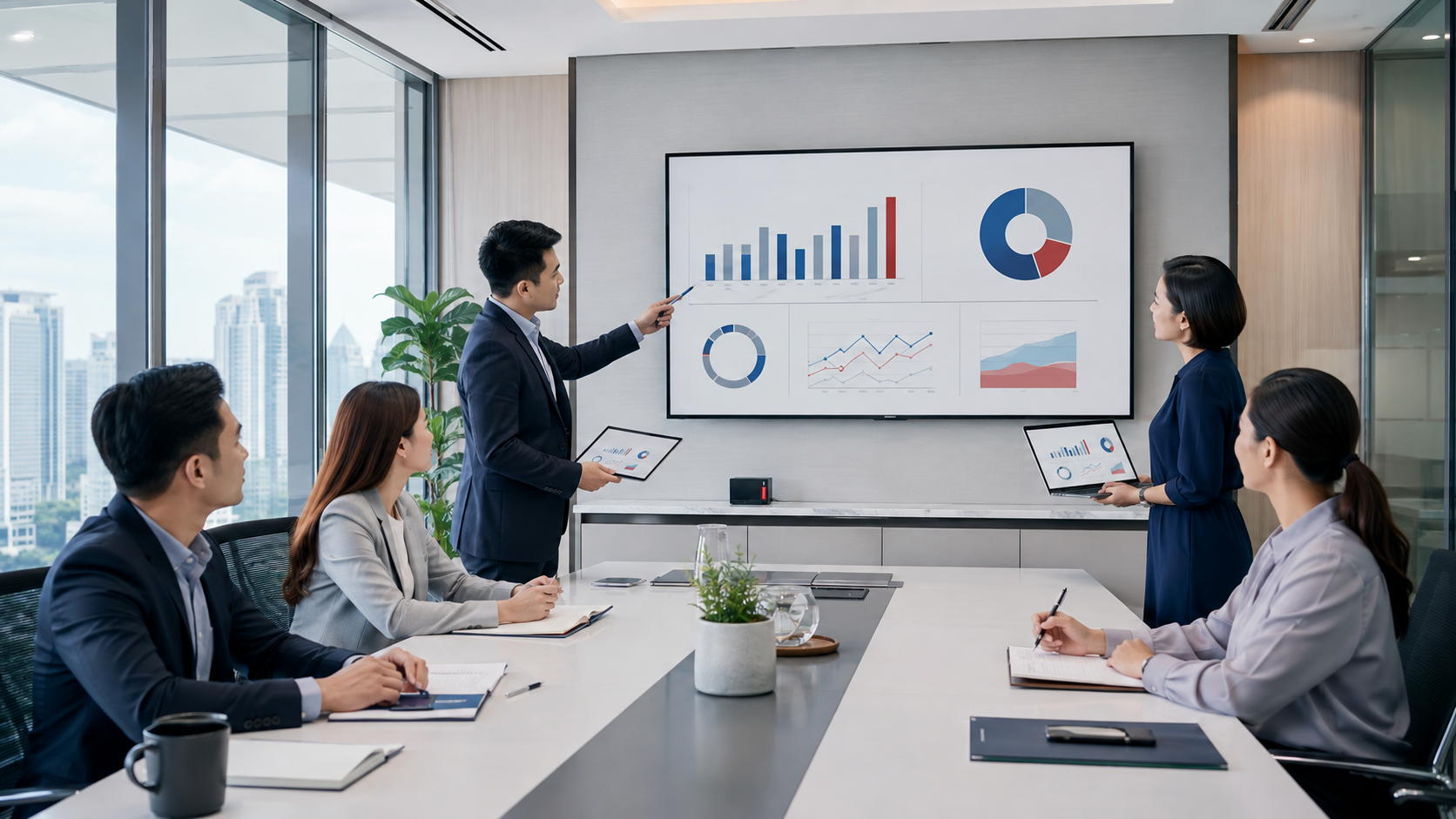 Finance professionals using secure wireless collaboration technology in a modern meeting room